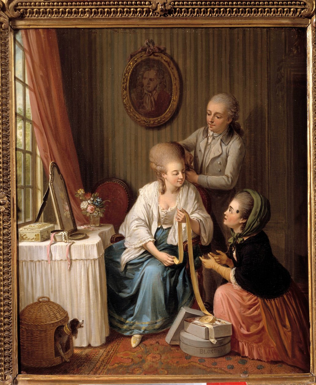 A szalagkereskedő Egy fiatal nő, aki otthon hajviseletet visel, a divatos legyet az arcán cipelő kereskedővel beszélget. Sigmund Freudenberg (1745-1801) festménye 18. századi Párizs, Musee de Cognacq Jay alkotó: Sigmund Freudenberger