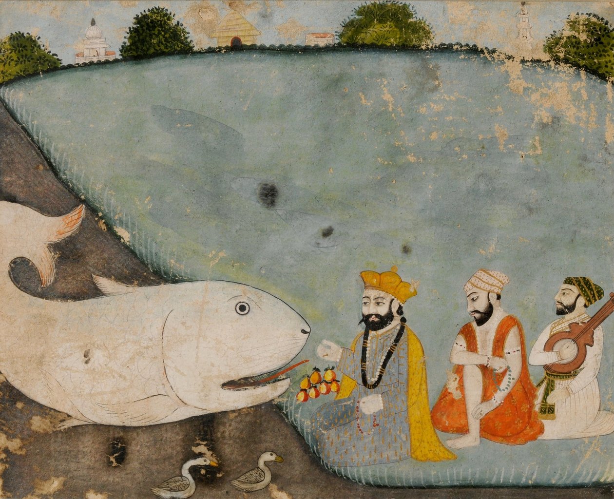 Guru Nanak Balával, Mardanával és a nagy hallal (Visnu Matszjavatarában) alkotó: Sikh School