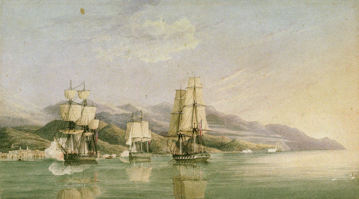 Tizennyolc francia kereskedelmi hajóból álló konvoj megtámadása Laigrelia és Alassio kikötőjében, 1812. június 27., 19. század eleje (toll, tus, grafit, akvarell) alkotó: Silas Thomson (attr.to) Hood