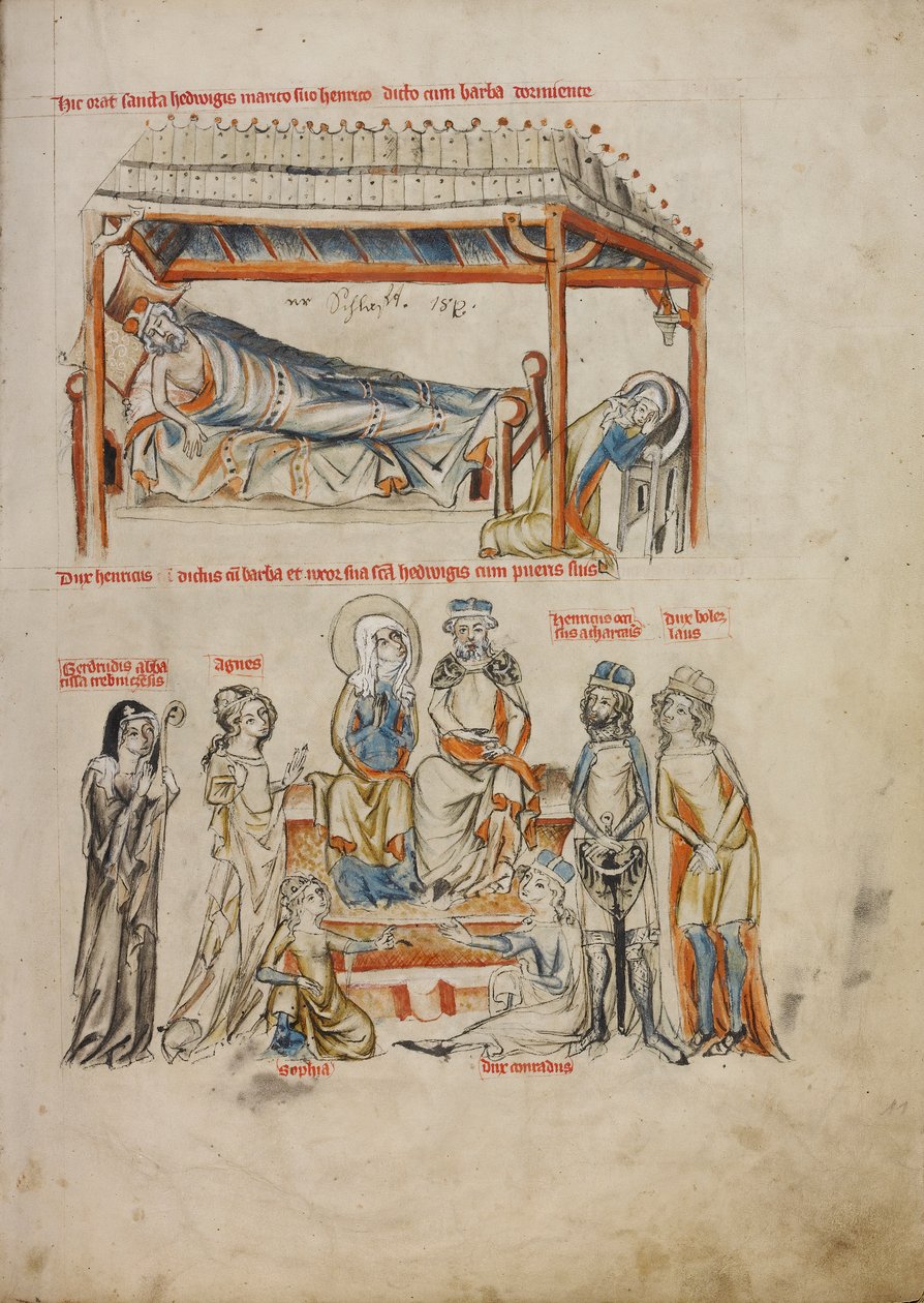 Heinrich alszik és Szent Hedvig imádkozik; Heinrich és Szent Hedvig gyermekeikkel, 1353 (Tempera színek, színes mosások és tinta pergamenre) alkotó: Silesian School Silesian School