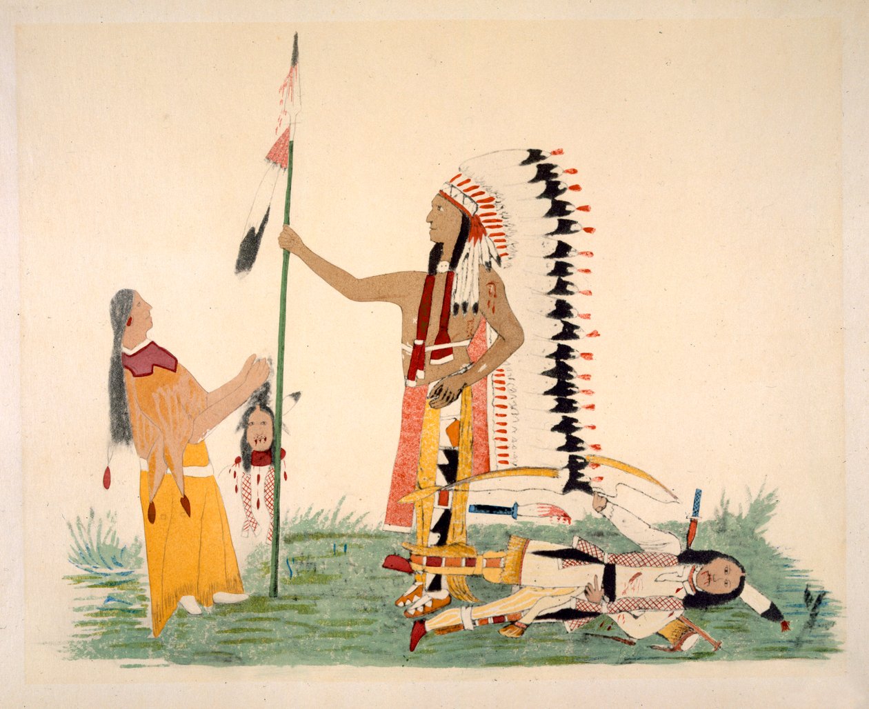 Comanche és felesége találkoznak és harcolnak egy Ute-vel, a művész által festett legendás epizódok sorozatából (pigment a szarvasbőrön) alkotó: Silver Horn