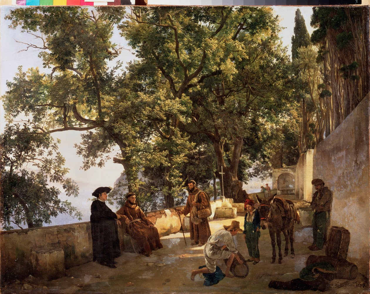 Terasz a parton, Sorrento közelében (Sorrento, Olaszország) (Kapucinus szerzetesek beszélgetnek, és egy férfi kis hordókkal megrakja a szamarát) - Terasz a tengerparton, Cappuccini Sorrento közelében - Szilveszter Feodosijevics Scsedrin festménye (Sylv alkotó: Silvestr Fedosievich Shchedrin