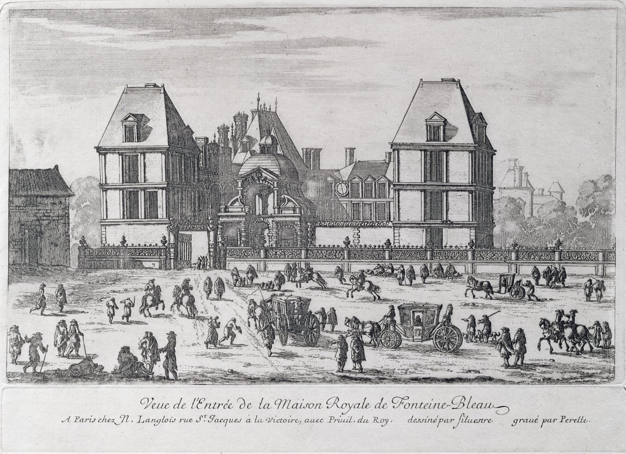 A Fontainebleau-i királyi palota bejárata, Nicolas (1631-c.93) vagy Adam (1638-95) Perelle, kocsma. írta: Nicholas Langlois alkotó: Silvestre