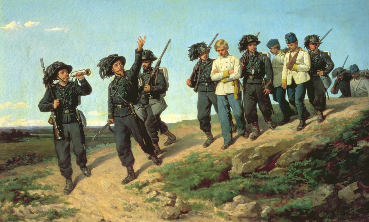 Egy felderítő járőrről visszatérő olasz lövészezred, 1861 alkotó: Silvestro Lega