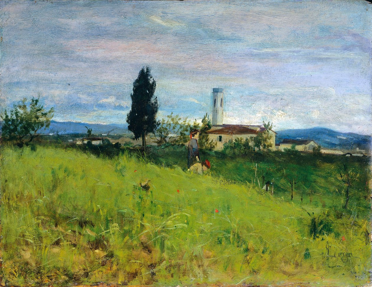 Templom vidéken, Silvestro Lega (1826-1895), olajtábla, 29x38 cm alkotó: Silvestro Lega