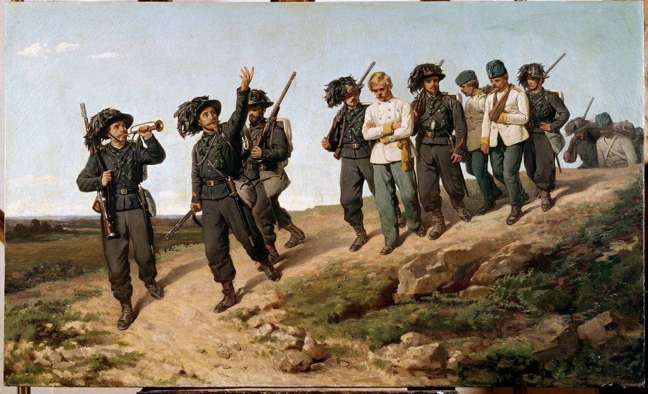 Az 1859-es olasz hadjárat epizódja: „” Osztrák hadifoglyok bersaglierekkel (bersaglieri) körülvéve”” Silvestro Lega (1826-1895) festménye 1861 V. 57,5 x 95 cm Firenze, Galleria d