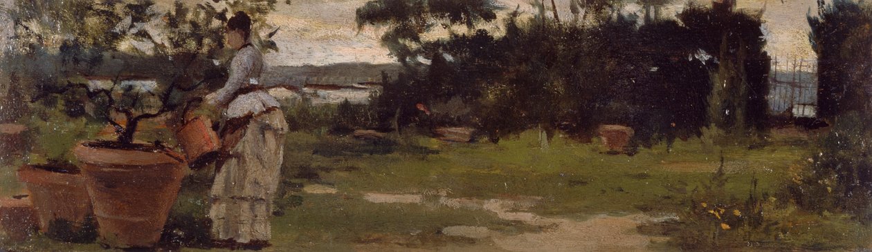 Garden at Bellariva, 1884 körül, Silvestro Lega (1826-1895), olaj, panel, 7x23,5 cm alkotó: Silvestro Lega