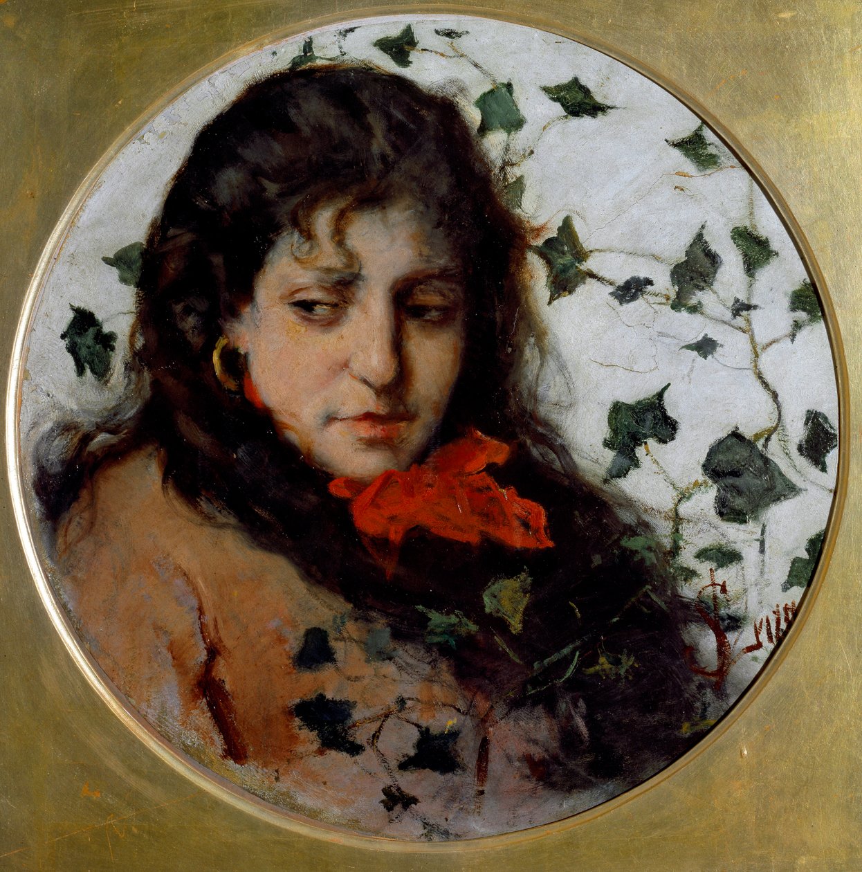 Ivy (Edera) Egy fiatal nő portréja, melankolikus arckifejezésű, borostyánlevelekkel körülvett arc - (Ivy) Silvestro Lega festménye (1826-1895) Genes, Galleria d