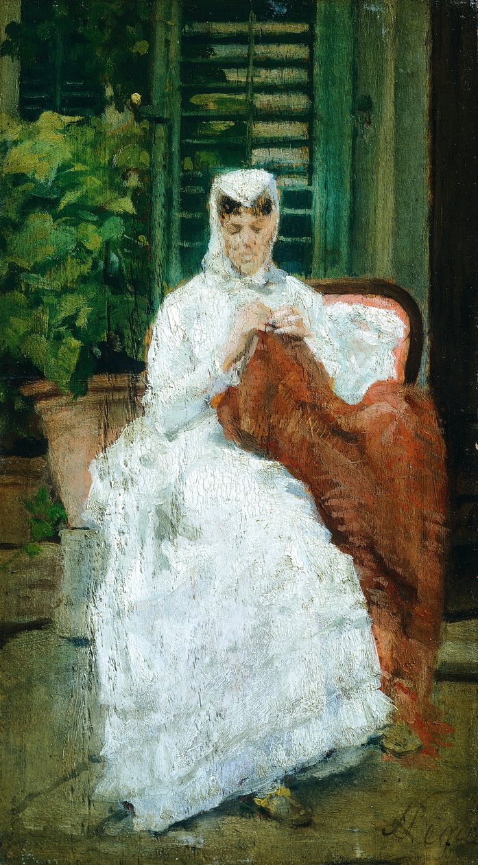 Hölgyvarró, Silvestro Lega (1826-1895), Olaj, panel, 27,5x15,5 cm alkotó: Silvestro Lega