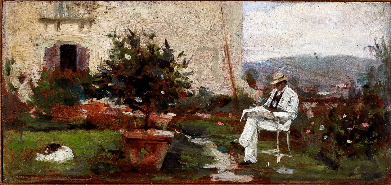 Luigi Tommasi a kertjében (Festmény egy fadobozra alkotó: Silvestro Lega