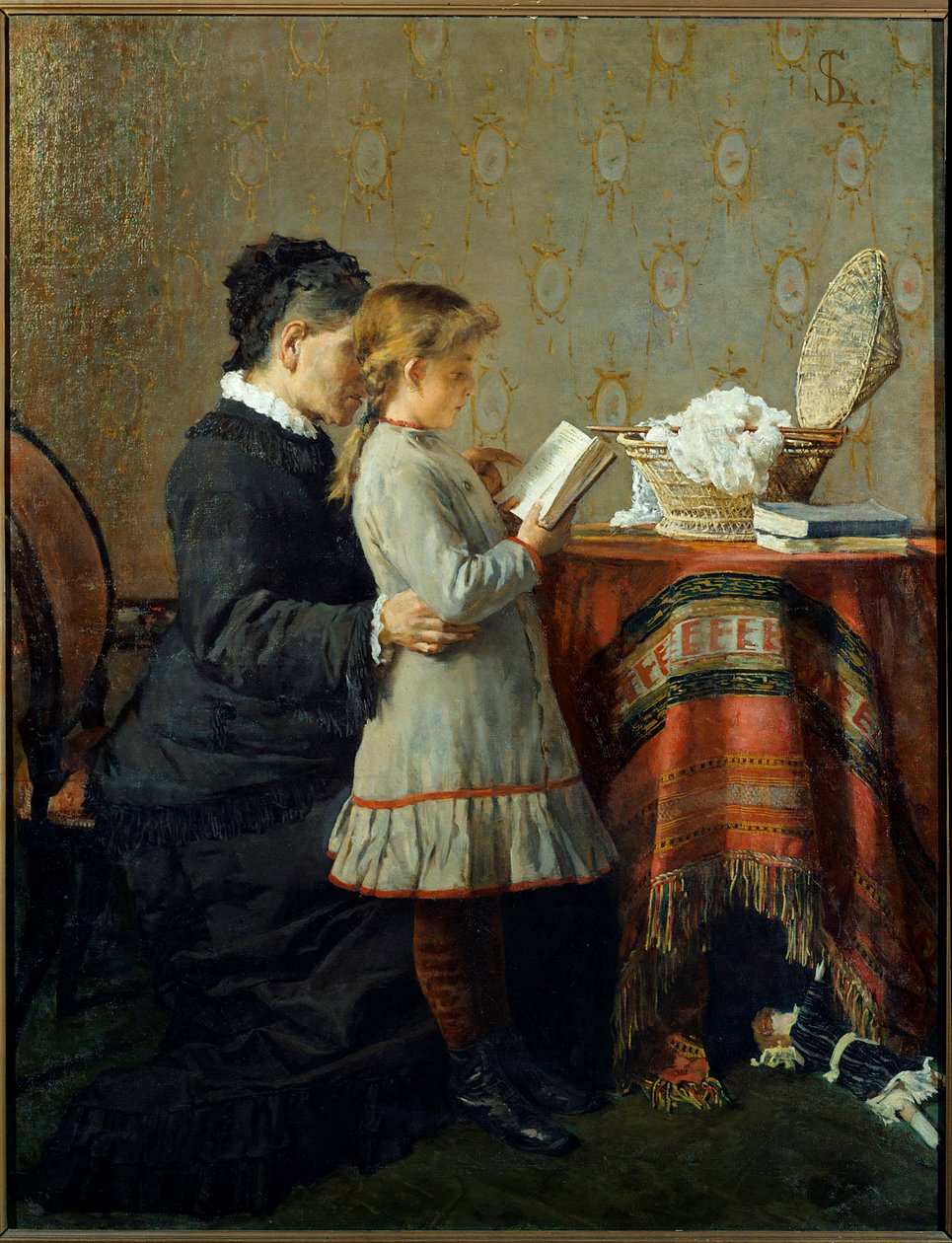 Olvasás lecke. Egy ápolónő megtanul olvasni egy kislánytól. Silvestro Lega festménye (1826-1895) Ec. Ital alkotó: Silvestro Lega