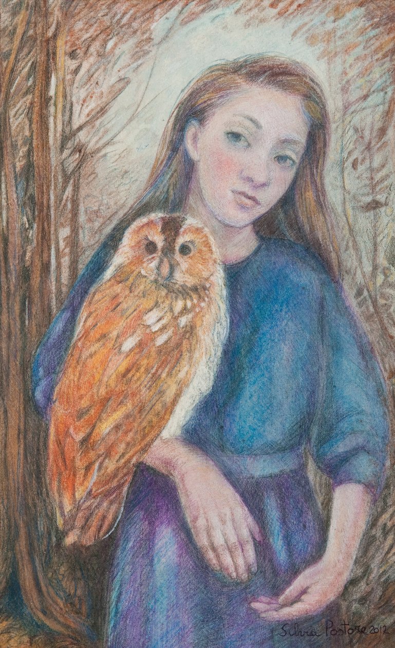 Lány bagollyal, 2012 (wc és pasztell, papíron) alkotó: Silvia Pastore