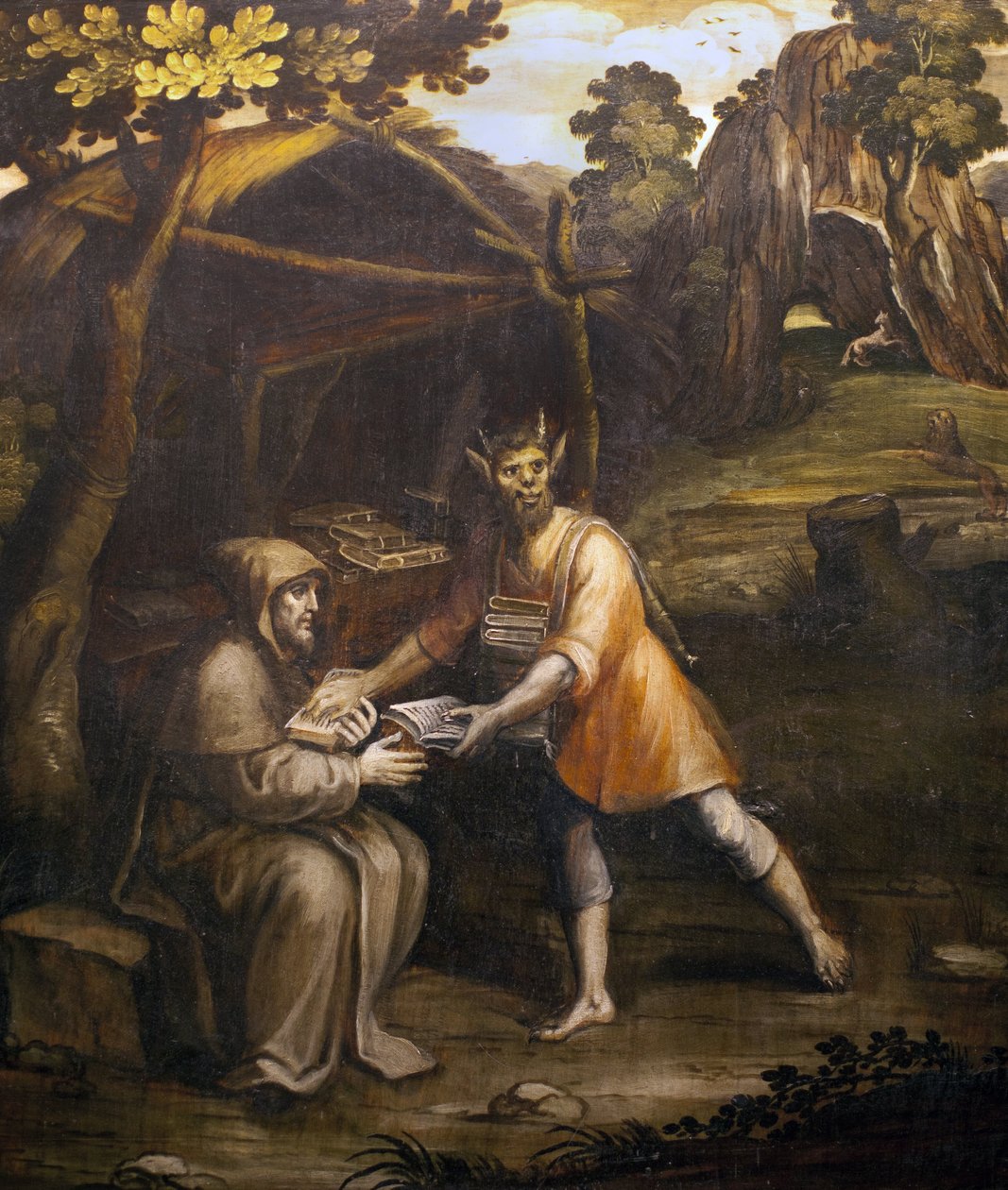 Az ördög elveszi a szent könyveket, és világi könyvekkel helyettesíti; Simao Rodrigues festménye (1560-1629); (Az ördög elveszi a szent könyveket, és világi könyvekkel helyettesíti; Simao Rodrigues festménye alkotó: Simao Rodrigues