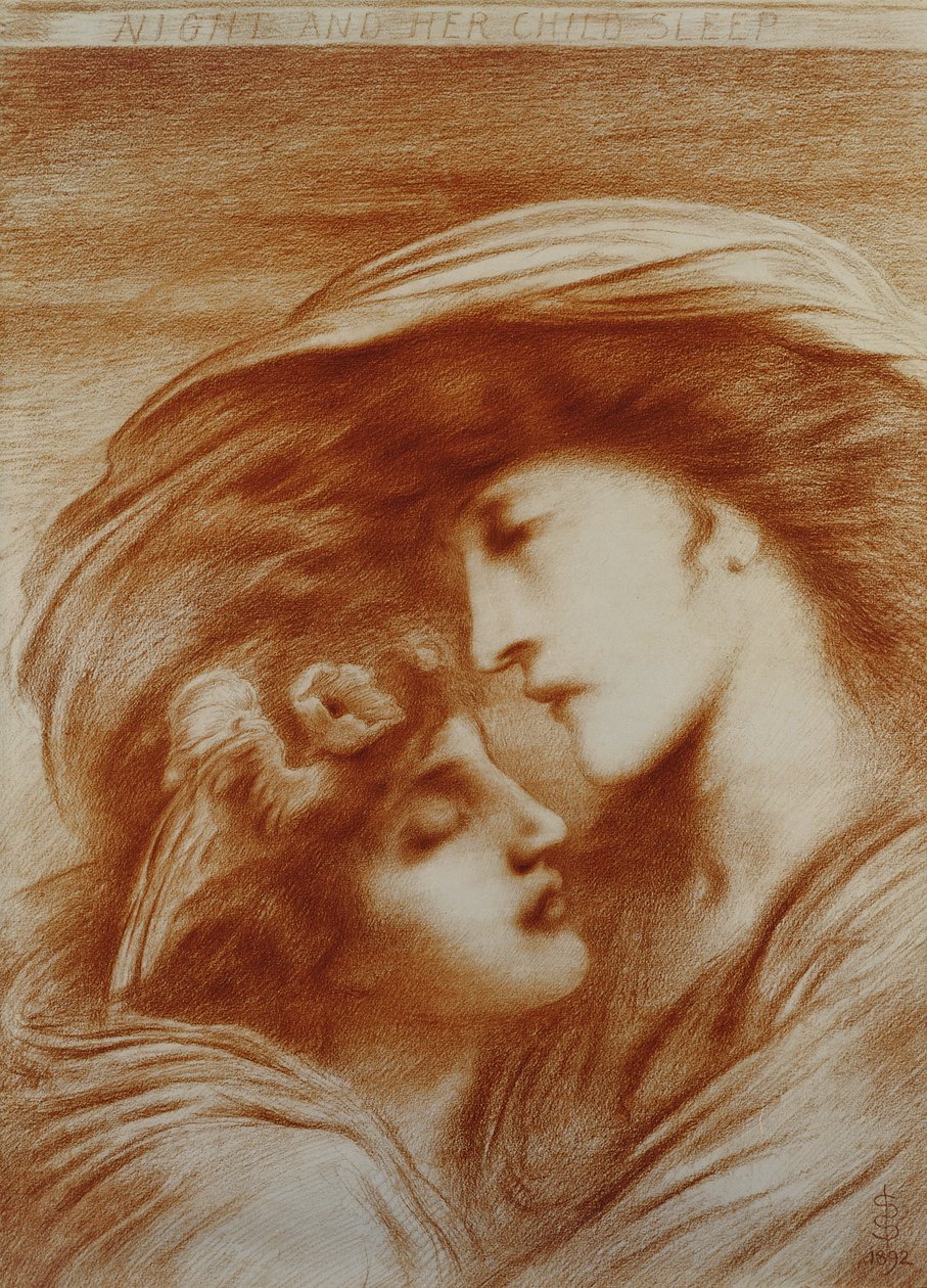 Night and Her Child Sleep, 1892 (piros kréta papíron) alkotó: Simeon Solomon