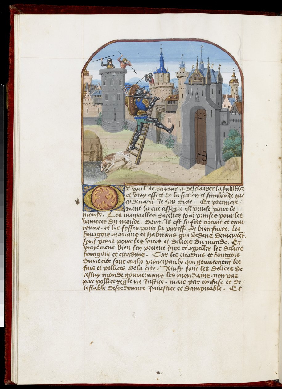 Ms.165 f.51v: Katona pajzzsal és karddal, felmászik egy létrán, Hesdinből vagy Valenciennes-ből, 1465-68 körül (pergamen) alkotó: Simon Marmion