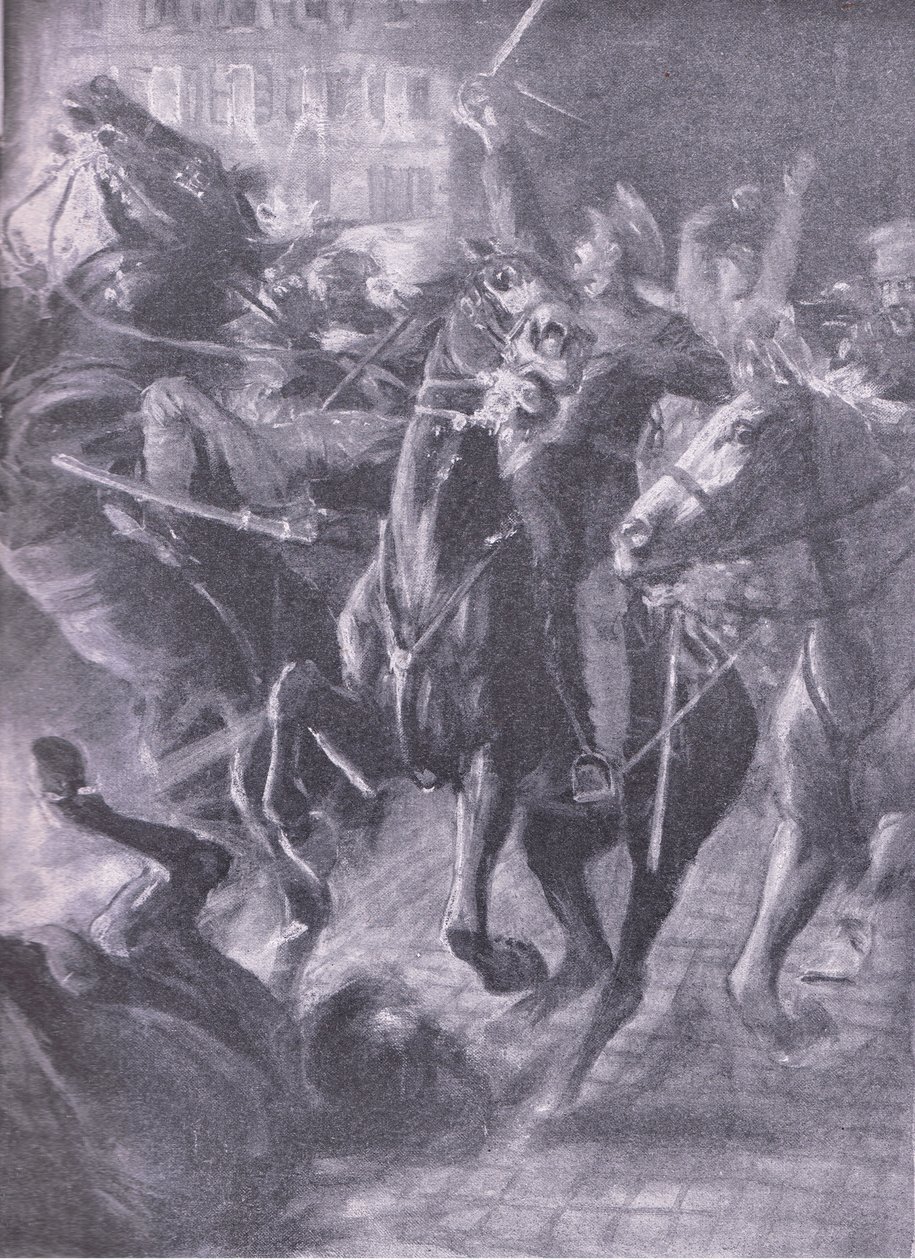 A brit lovasság éjszakai rohama a 2014. októberi elsöprő mozgalom során, a History of the Great War 3. kötetéből, amelyet a Waverley Book Co Limited adott ki, 1920 körül alkotó: Simon Harmon Vedder