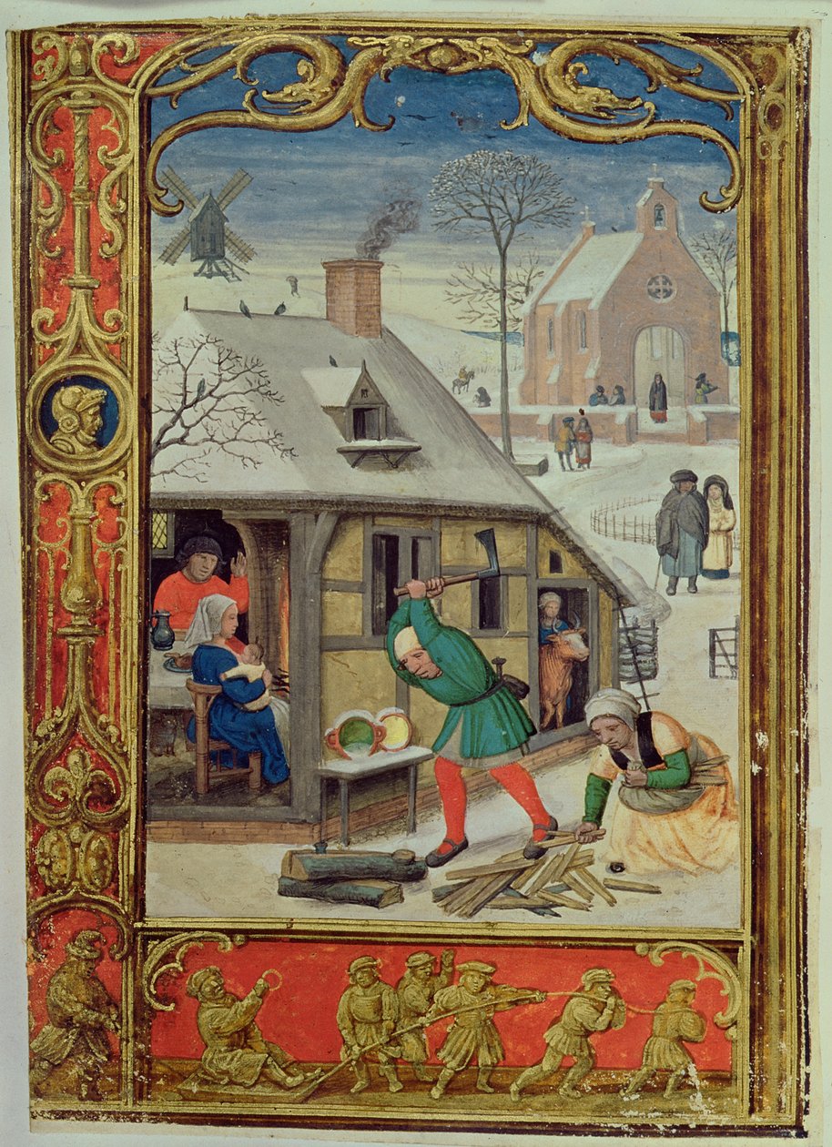 Add hozzá a 24098 f.18v januári számot: Rönkdarabolás és szánkózás egy órakönyvből vagy a Golf Bookból, c.1520-30 (vellum) alkotó: Simon (workshop of) Bening