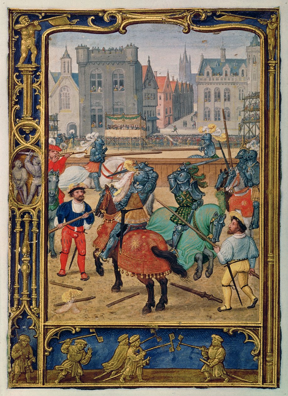 Add hozzá 24098 f.23v június: Torna és játék hobbilovakkal, a Book of Hoursból vagy a Golf Bookból, 1520-30 körül (vellum) alkotó: Simon (workshop of) Bening