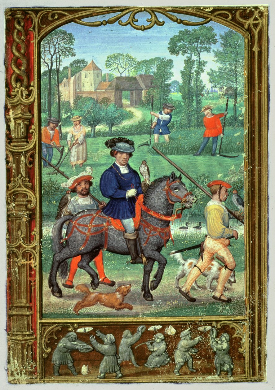 Add hozzá a 24098 f.24v júliusi számot: Solymászat, szénavarrás és lepkék kergetőzése a Book of Hours-ból vagy a Golf Bookból, 1520-30 körül (vellum) alkotó: Simon (workshop of) Bening