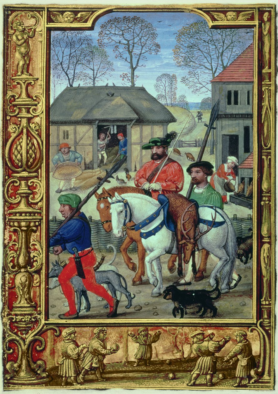 Add hozzá a 24098 f.28v novembert: Visszatérés a vadászatból, a Book of Hours-ból vagy a Golf Book-ból, c.1520-30 (vellum) alkotó: Simon (workshop of) Bening