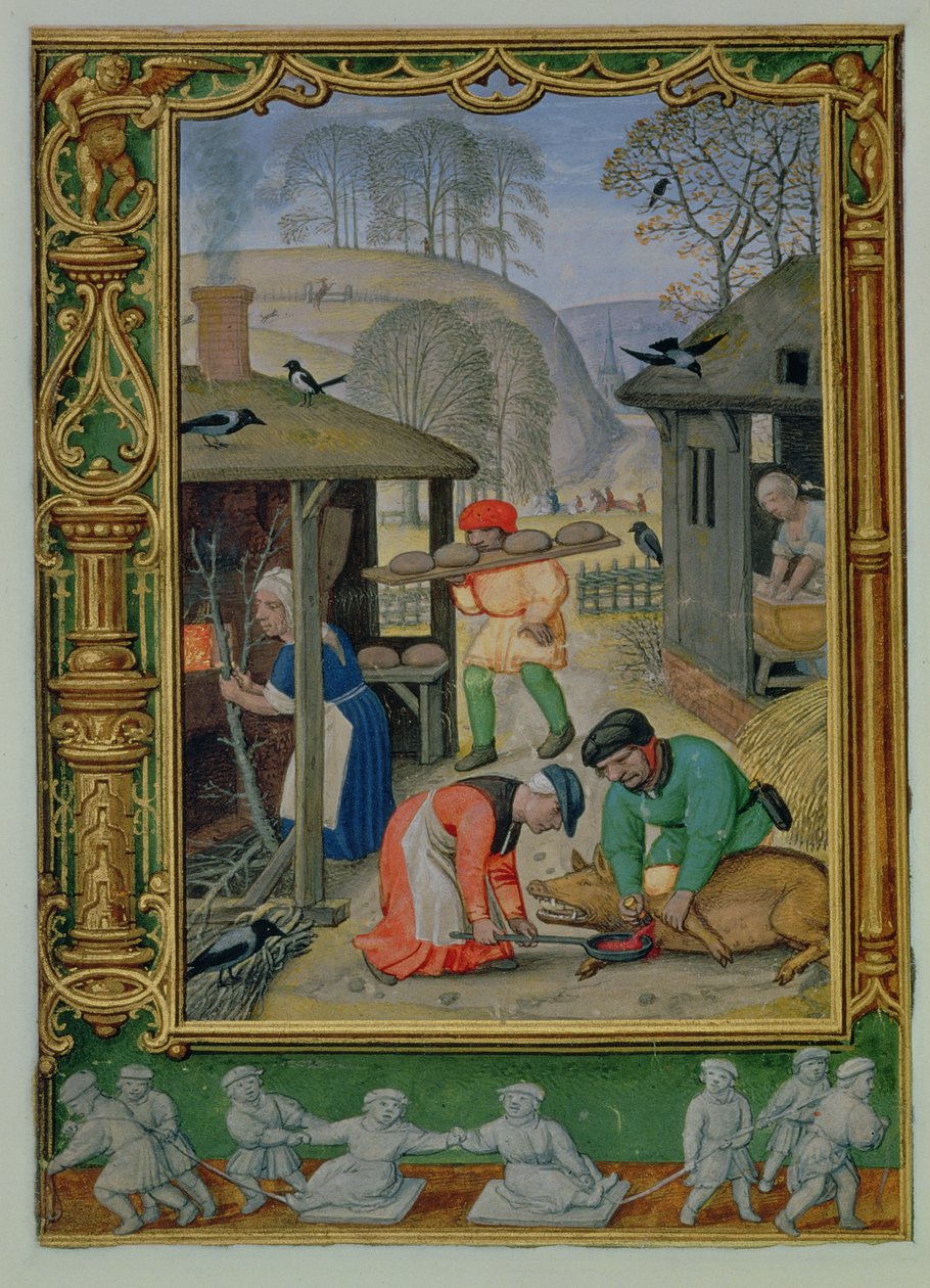 Add hozzá 24098 f.29v December: Élelmiszer készítés télre, kenyérsütés és disznóölés egy Órakönyvből vagy a Golf Bookból, 1520-30 körül (vellum) alkotó: Simon (workshop of) Bening