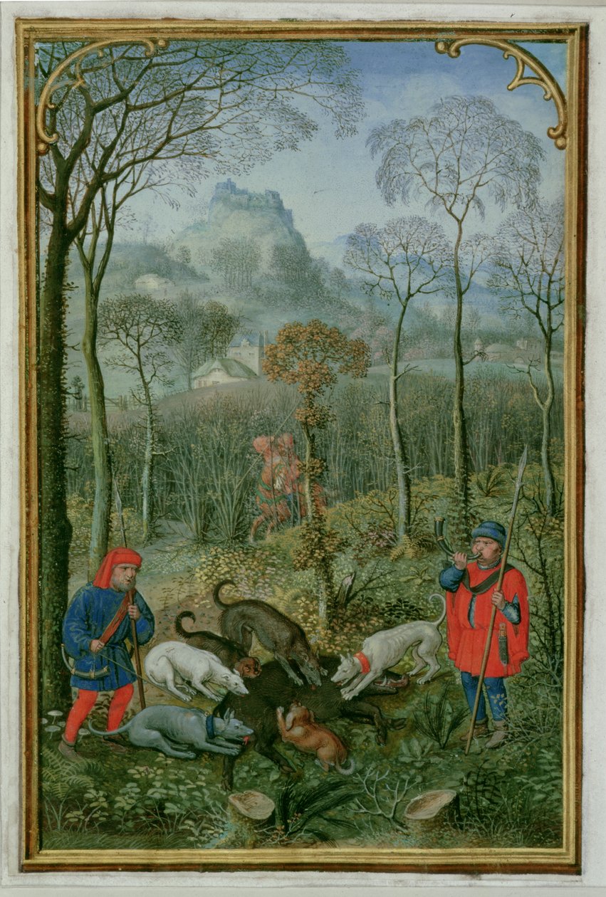 18855 f.108v december: a vaddisznó megölése, az órák könyvéből, 1540 körül (vellum) alkotó: Simon Bening