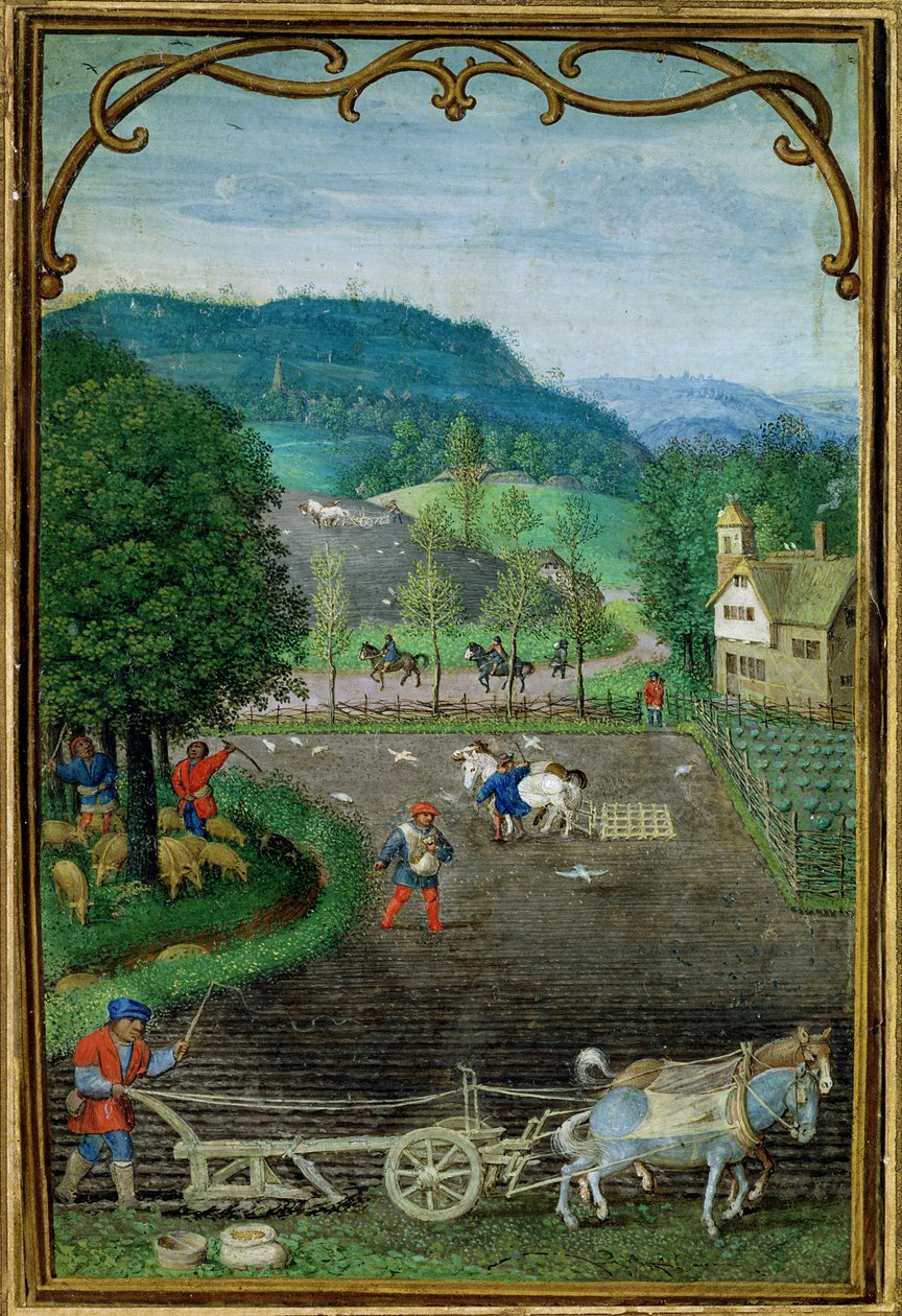 Hozzáadás: 18855 október: szántás és vetés, egy órakönyvből, 1540 körül alkotó: Simon Bening