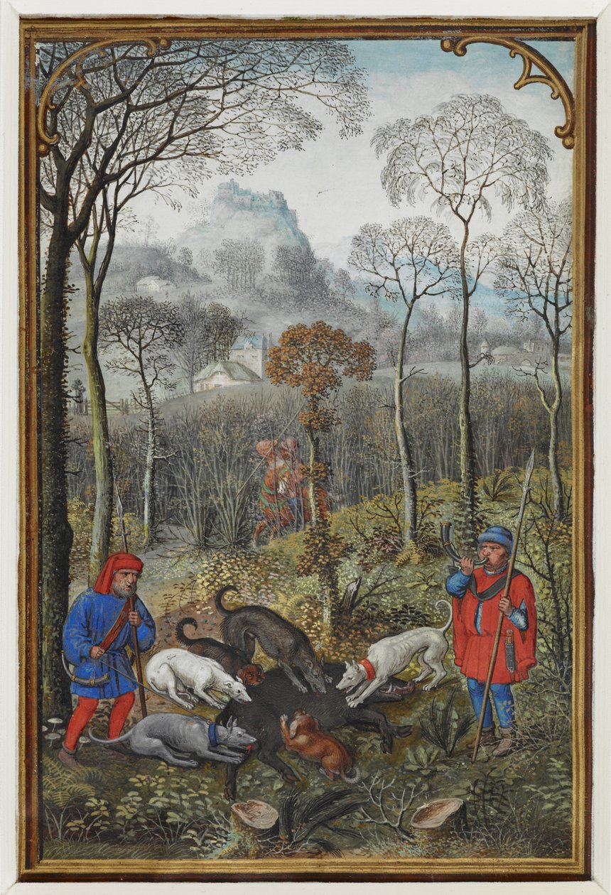 Adja hozzá az MS 18855 f.108v miniatűr decemberi naptárat, amely egy vaddisznóvadász-perszonát mutatja) alkotó: Simon Bening