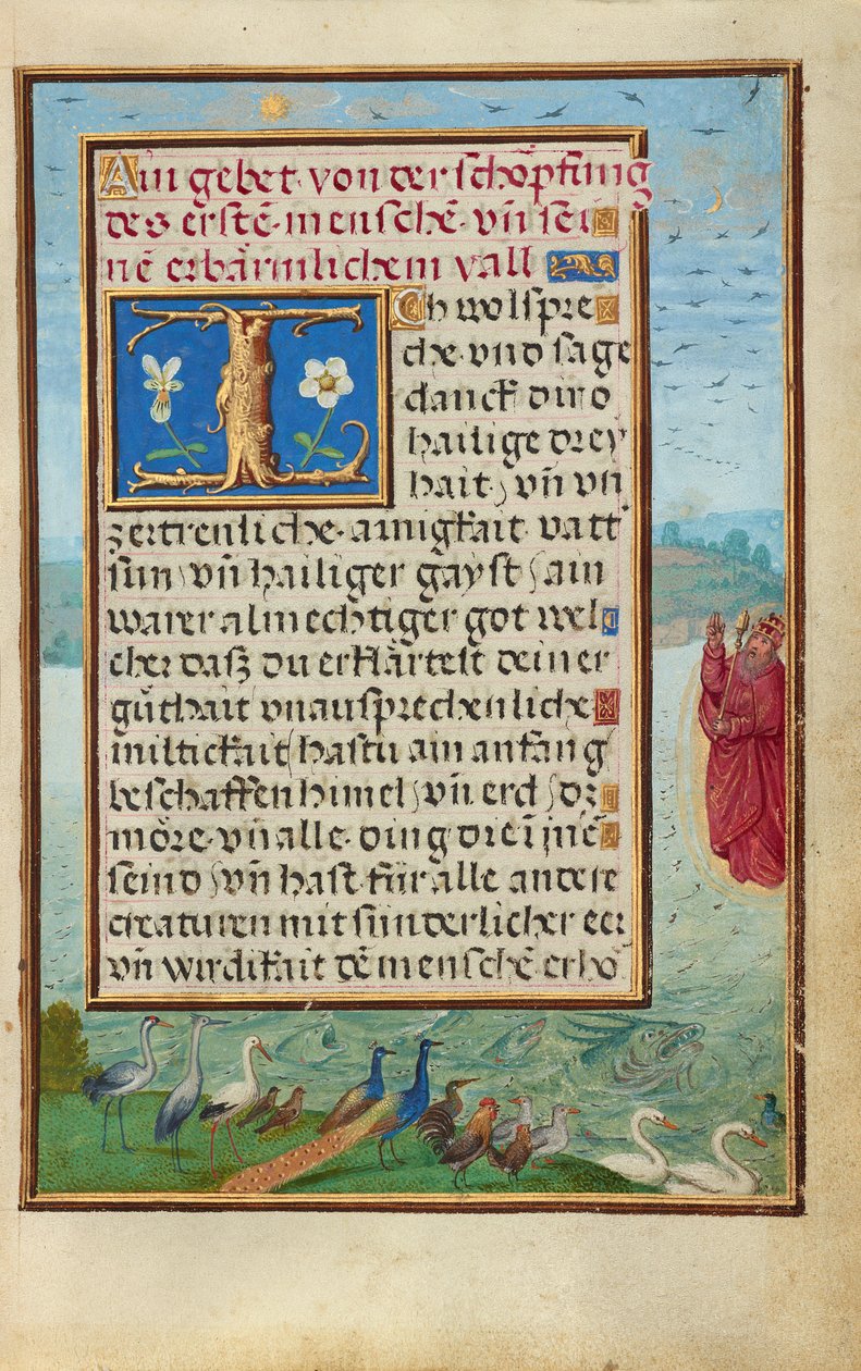 Bordüre mit der Erschaffung von Vögeln und Fischen alkotó: Simon Bening
