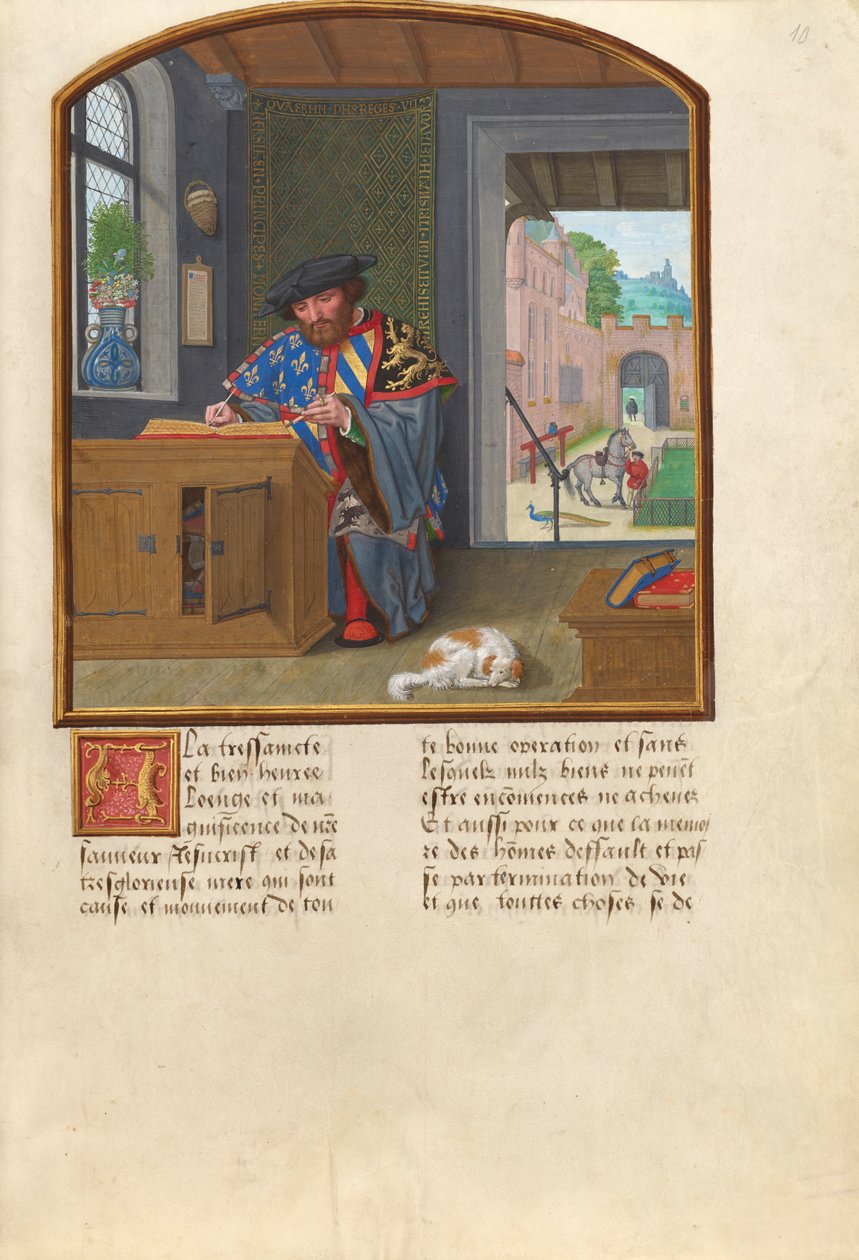 Az Aranygyapjú Lovagrend Fegyveres Királya Írás Jacques de Lalaingról, 1530-40 körül (tempera, aranylevél és tinta pergamenen) alkotó: Simon Bening