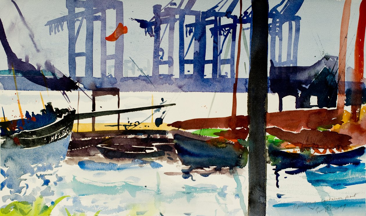Hamburg, konténerkikötő, 2009 (akvarell) alkotó: Simon Fletcher