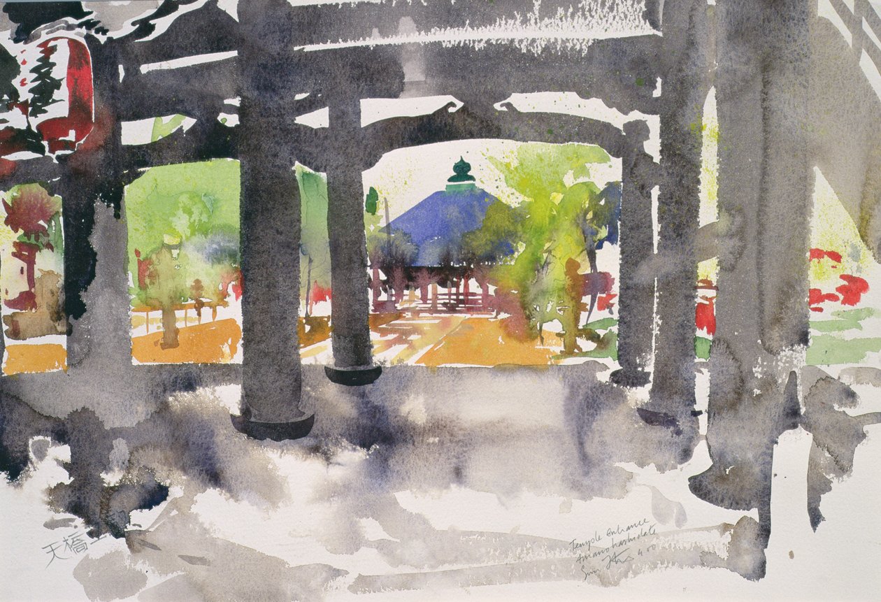 Templom bejárat, Amanohashidate (akvarell, papír) alkotó: Simon Fletcher