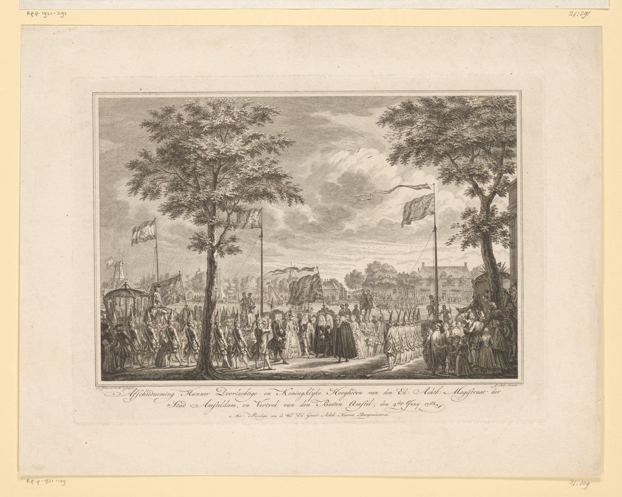Búcsú Willem V-től és feleségétől a Buiten Amstelben, 1768 Búcsú a békés és királyi felségüktől van den Ed: Nyolcadik: Amsteldam város magisztrátusa és den Buiten Amstel indulása, 1768. június 4. (cím a tárgyon) Kép alkotó: Simon Fokke