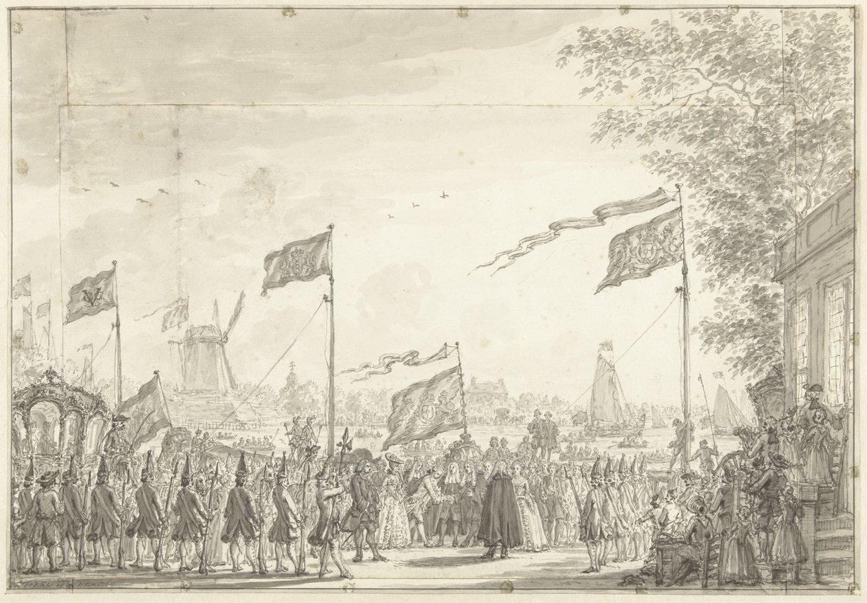 Búcsú Willem V-től és feleségétől a Buitenamstelen, 1768 alkotó: Simon Fokke