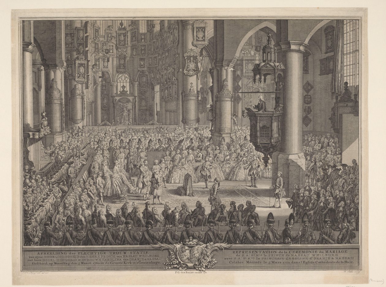 Karel Christiaan van Nassau-Weilburg házassága Karolina hercegnővel, 1760 (...) Weilburg nassaui herceg és (...) Carolina van Oranje & Nassau ünnepélyes esküvőjének képe 1760. március 5-én, szerdán, a Groote Kerk in 