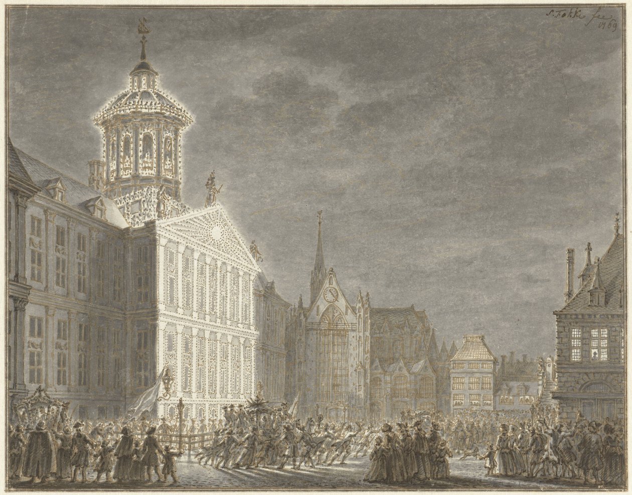 A városháza kivilágítása V. Vilmos és Porosz Vilmos számára, 1768 alkotó: Simon Fokke