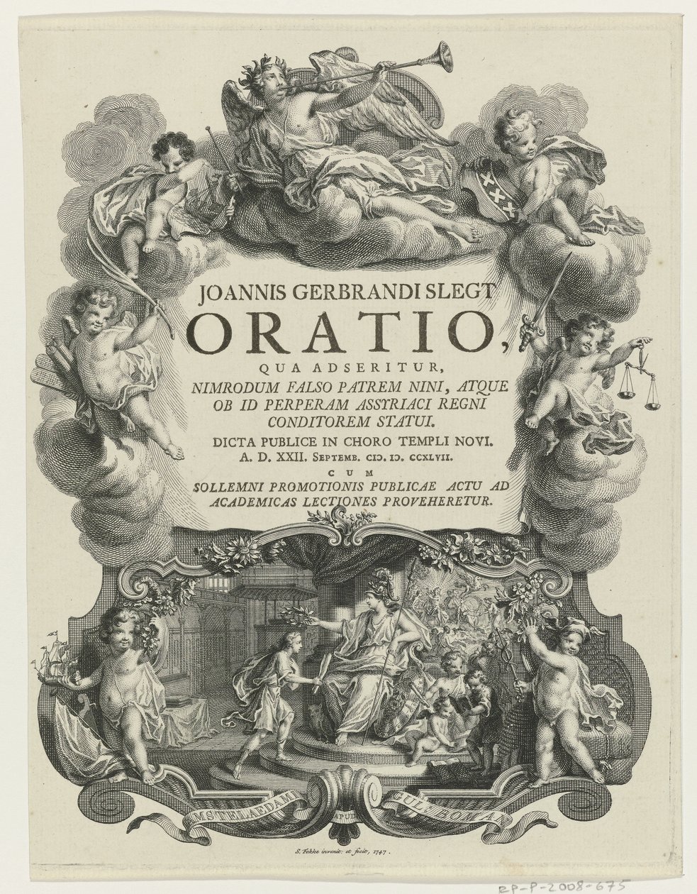 Minerva lauwert een jongeman met bul Címlap: J.G. Slegt, Beszéd, amelyben azt állítják, hogy Nimród hamisan Nina apja (...), 1747 alkotó: Simon Fokke