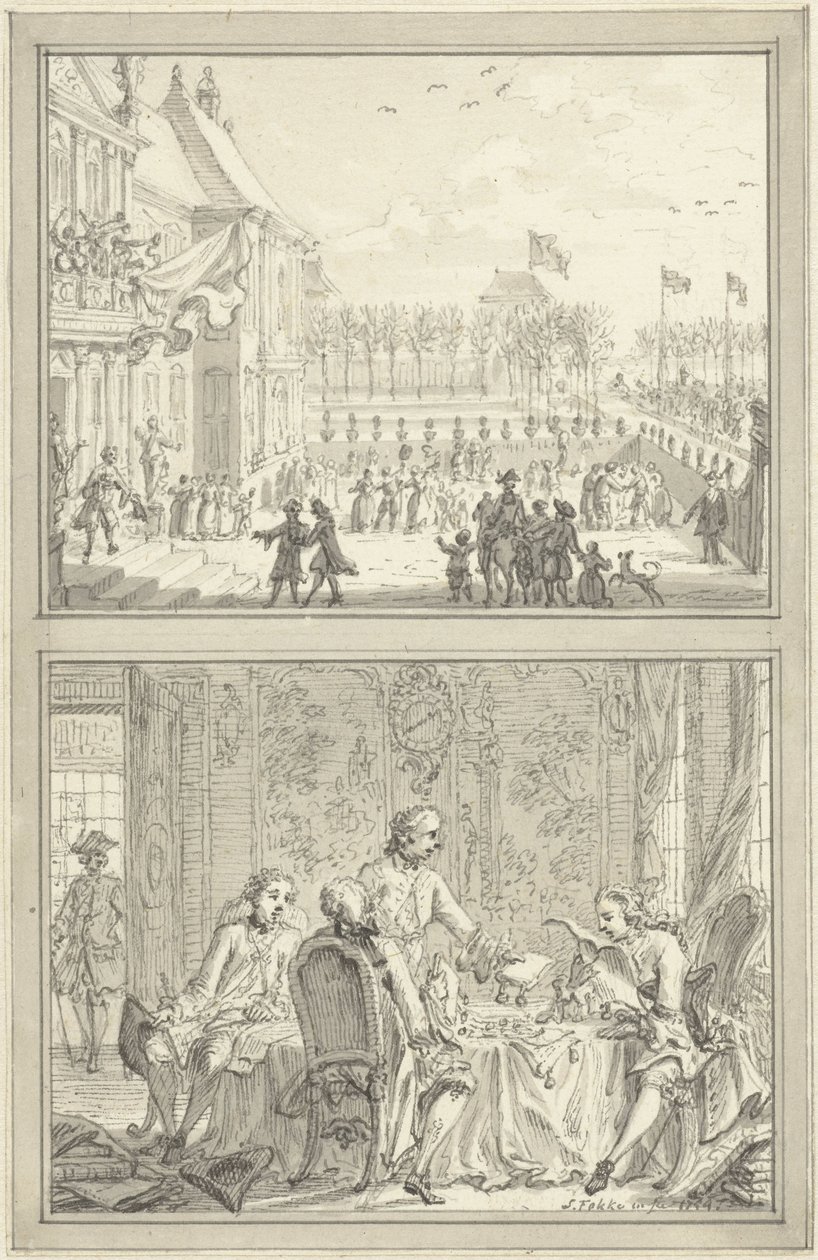 Honselaarsdijk Palota tulajdonost cserél / A porosz uradalmak eladása Anna van Hannovernek, 1754 alkotó: Simon Fokke