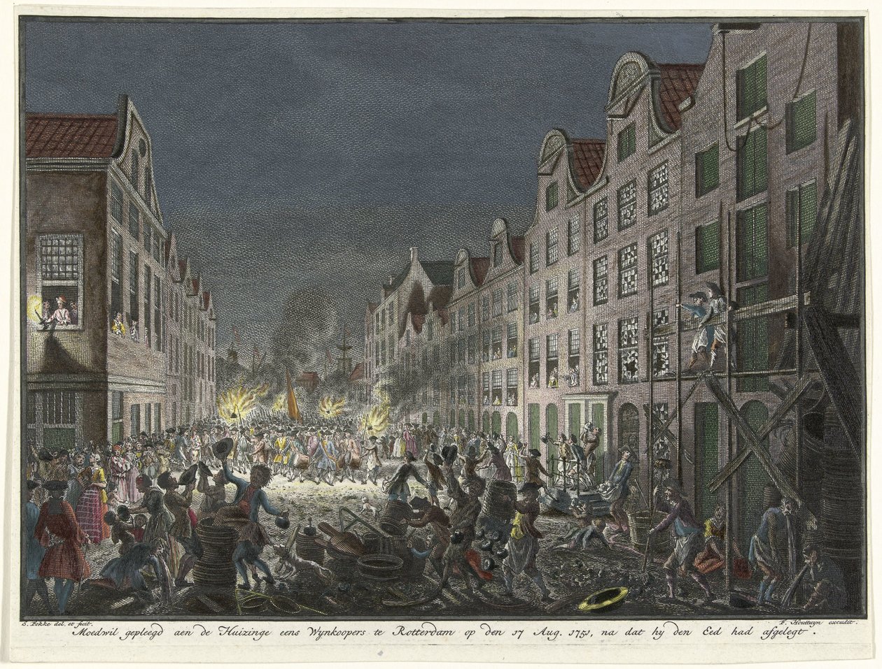 Gerrit Hagedooren borvásárló házának kifosztása Rotterdamban, 1751 Akaratosan elkötelezte magát a Huizinge Once Wynkoopers mellett Rotterdamban augusztus 17-én. 1751, miután letette az esküt (cím a tárgyon) alkotó: Simon Fokke