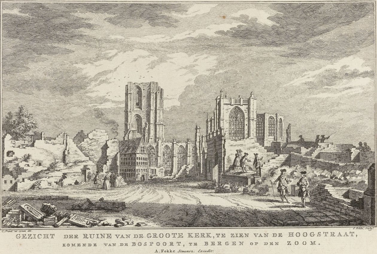 A bergeni nagytemplom romja, Zoom, 1748 Kilátás a Groote Kerk romjaira, a Hoogstraat felől nézve, a Bospoort felől, Bergen op den Zoomban (cím az objektumon) A romok tíz arca Bergen op Z ostroma és elpusztítása után alkotó: Simon Fokke