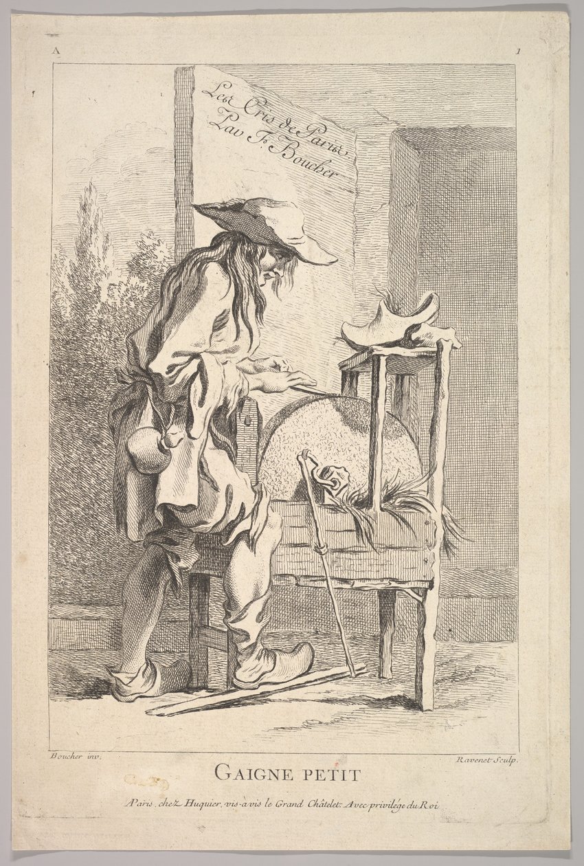 Elülső rész: Gaigne Petit, a Le Cris de Paris-ból The Cries of Paris, 1. tábla, 18. század. alkotó: Simon Francois Ravenet