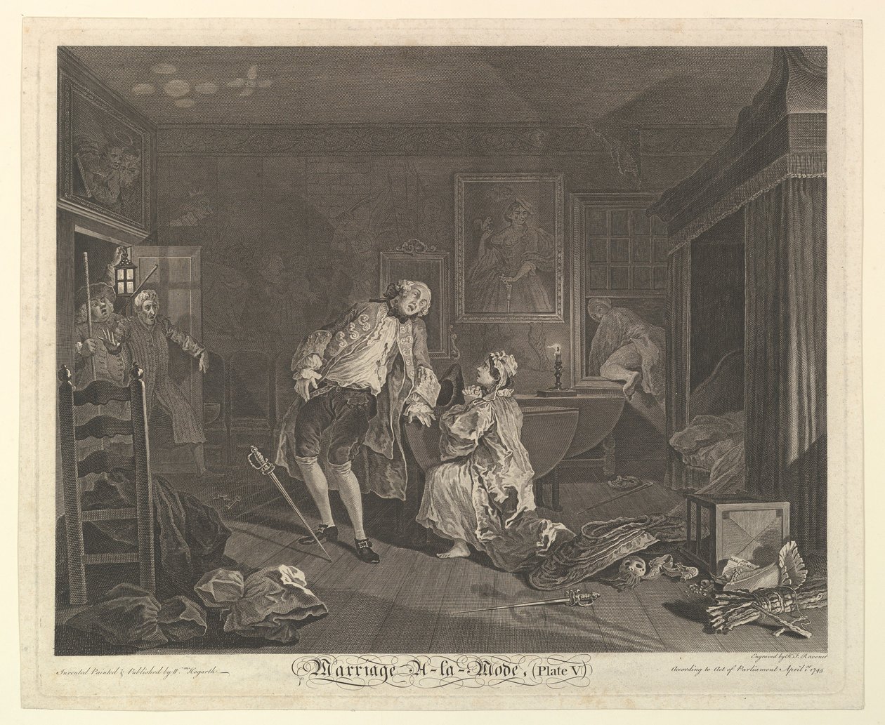 Házasság A-la-Mode, V. tábla, 1745. április. alkotó: Simon Francois Ravenet