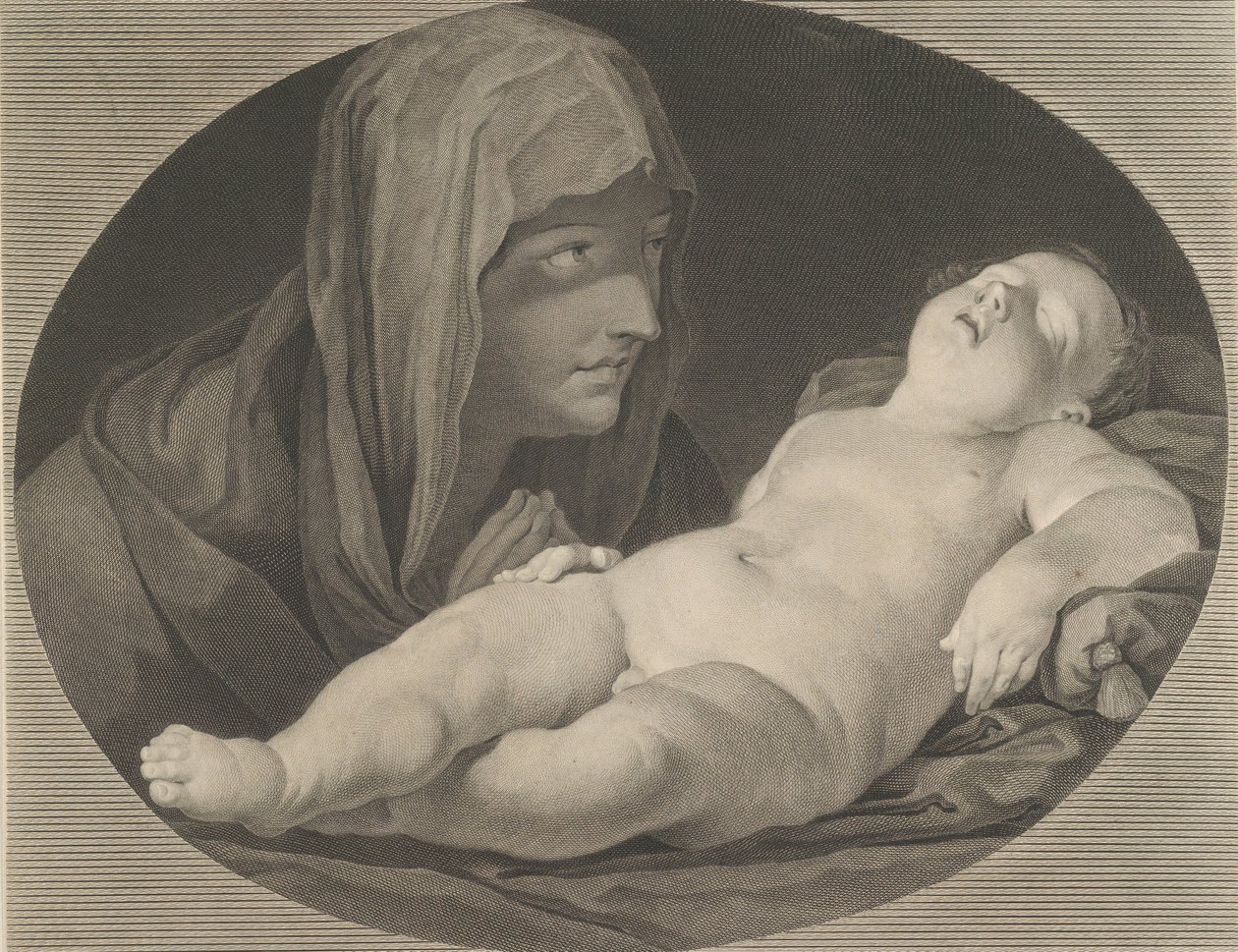 A Szűzanya imában, az alvó csecsemő Krisztusra néz, ovális keretben, Reni után,..., 1765. alkotó: Simon Francois Ravenet