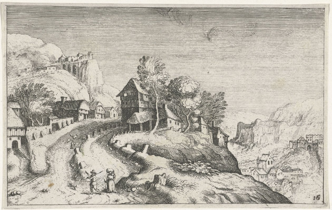Falu hegyi tájon Különböző tájak (sorozat címe) Topographia variarum regionum (sorozat címe) alkotó: Simon Frisius (attributed to)