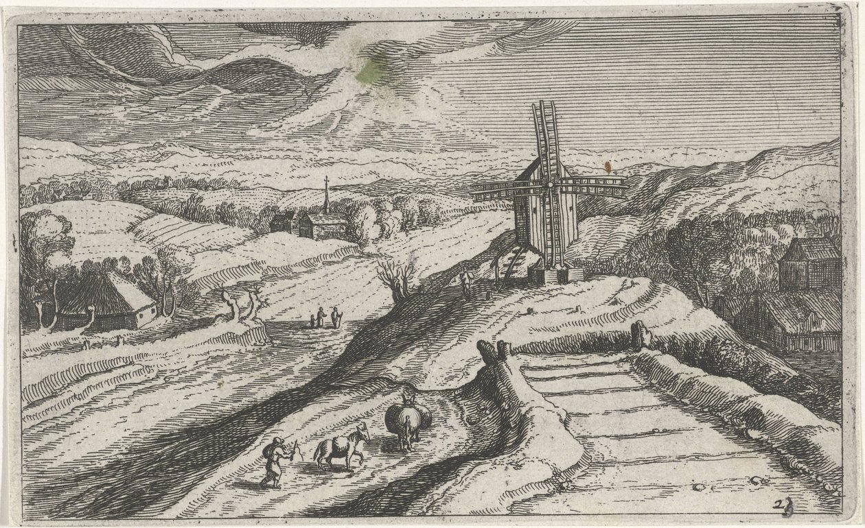 Dombos táj szélmalommal Különböző tájak (sorozat címe) Topographia variarum regionum (sorozat címe) alkotó: Simon Frisius (attributed to)