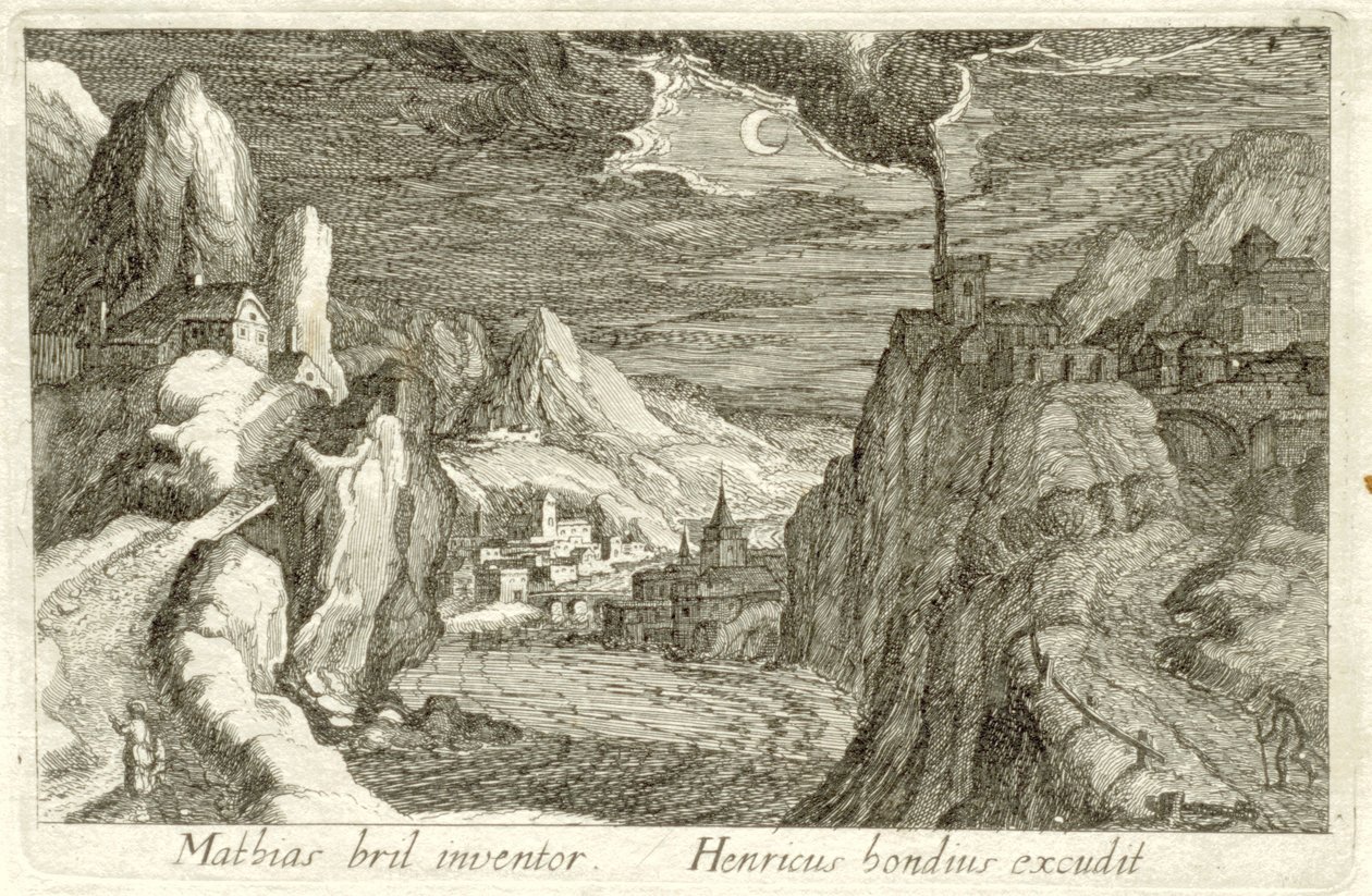 Folyói táj a holdfényben Különböző tájak (sorozat címe) Topographia variarum regionum (sorozat címe) alkotó: Simon Frisius (attributed to)