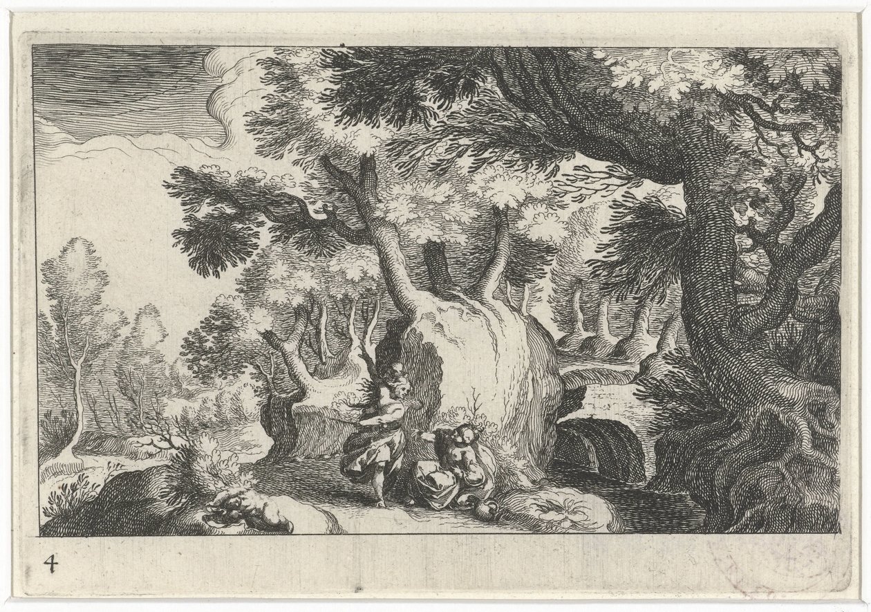Boslandschap találkozott Hagar en Ismaël-lel Zuid-európai táj (sorozat címe) Különböző régiók topográfiája (sorozat címe) alkotó: Simon Frisius