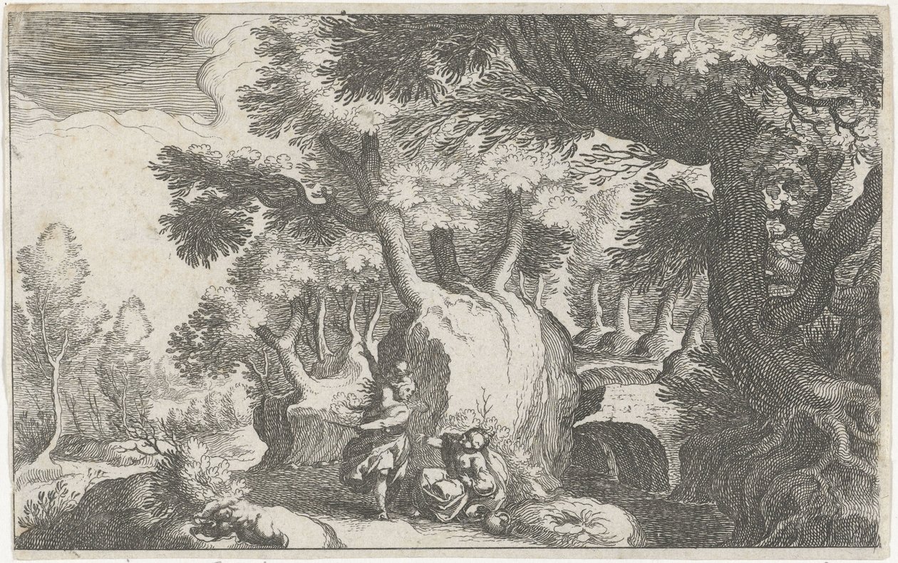 Boslandschap találkozott Hagar en Ismaël-lel Zuid-európai táj (sorozat címe) Különböző régiók topográfiája (sorozat címe) alkotó: Simon Frisius