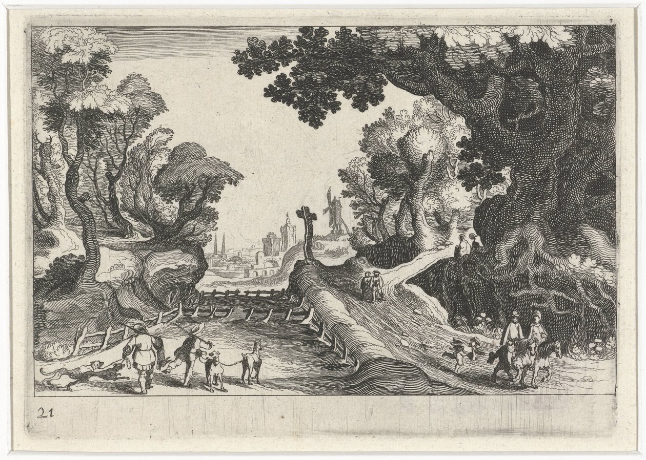 Erdei táj egy kereszt az ösvény mentén Dél-európai tájak (sorozat címe) Topographia variarum regionum (sorozat címe) alkotó: Simon Frisius