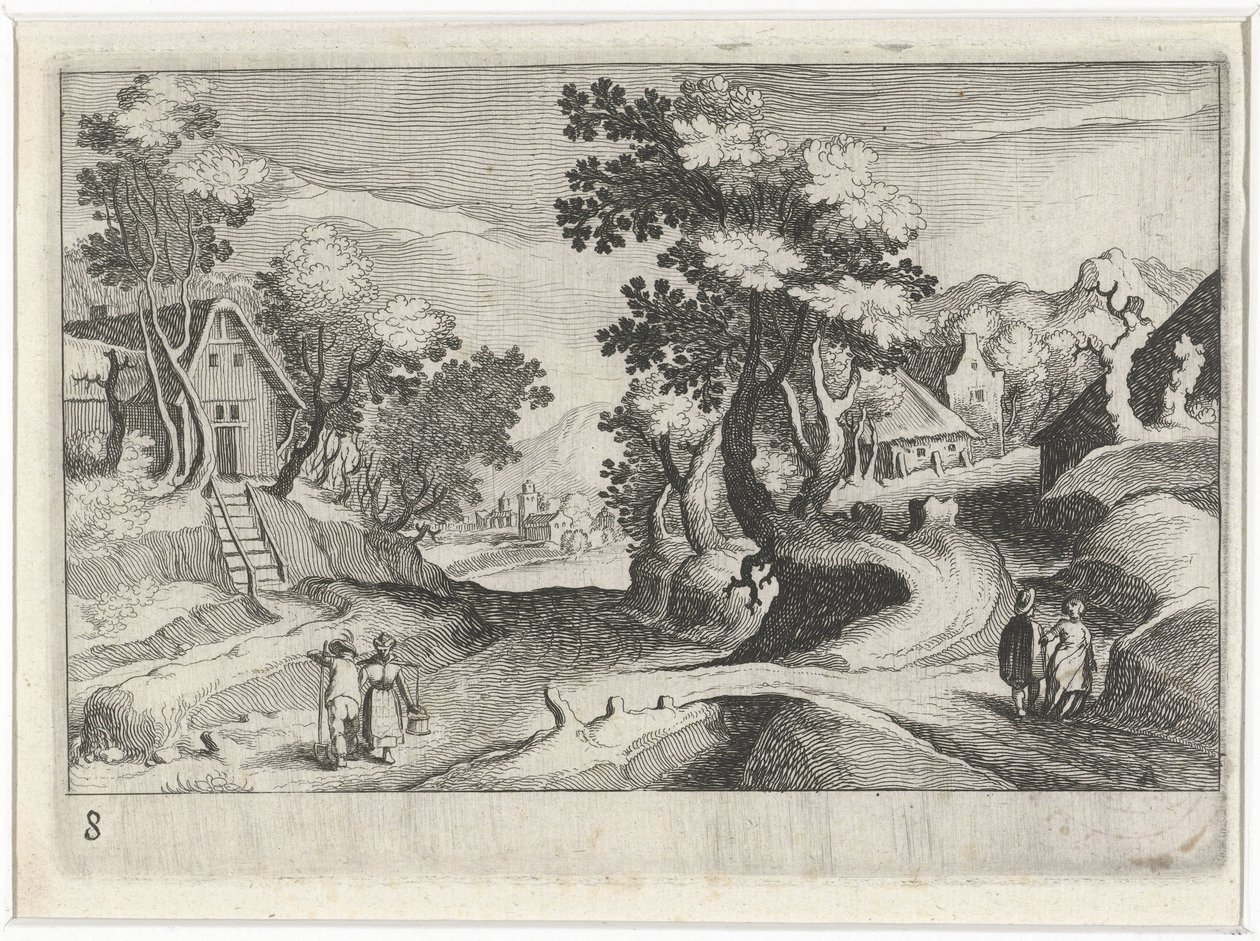 Erdős dombos táj épületekkel és alakokkal Dél-európai tájak (sorozat címe) Topographia variarum regionum (sorozat címe) alkotó: Simon Frisius